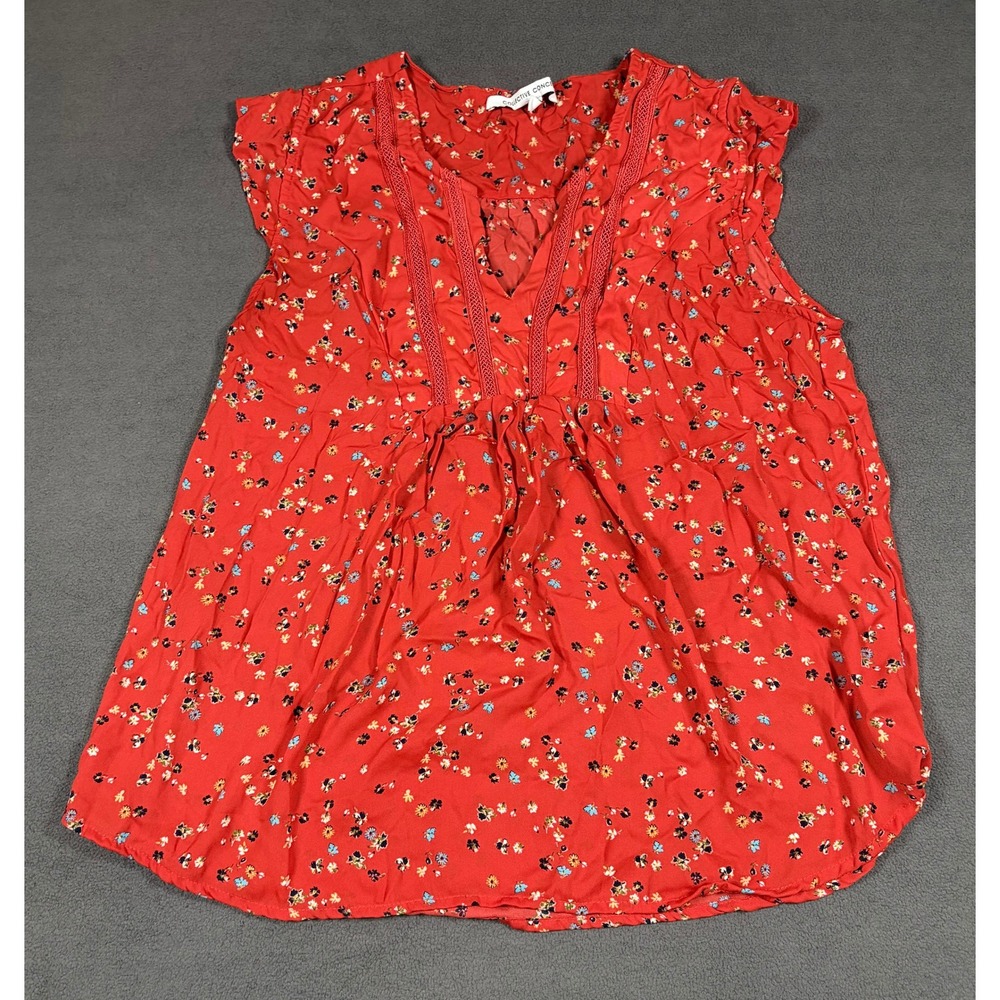 Collective Concepts Blouse Womens Size Medium Red Floral Cap Sleeve V-Neck Boho